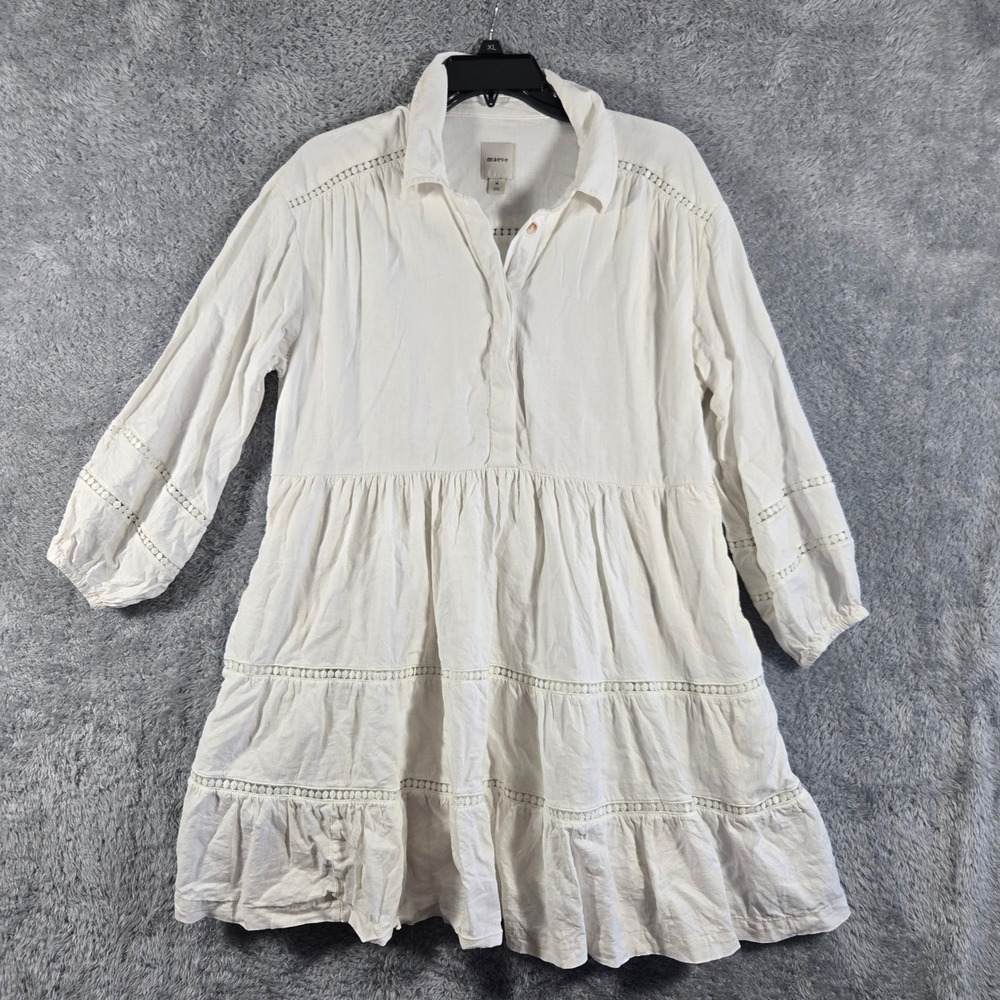 Maeve Anthropologie White Linen Blend Tiered Mini Dress Ladder Lace Trim Medium